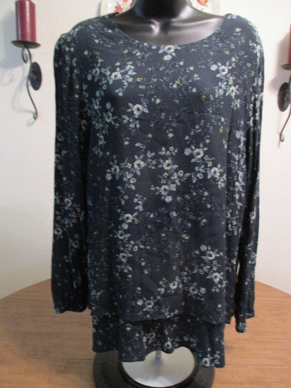 J JILL NAVY BLUE FLORAL LONG SLEEVE SHIRT SIZE XL